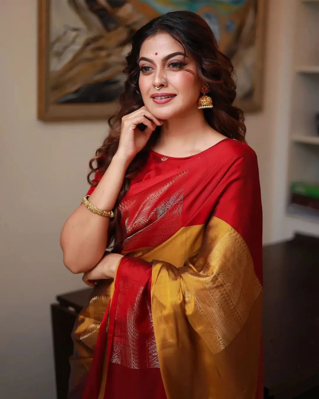 Indian Actress Anusree Nair in Red Color Saree Blouse